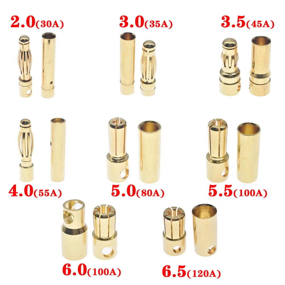 5sets 2/3/4/5/5.5/6/6.5/8.0mm RC Battery Gold-plated Bullet Banana Plug High Quality Male Female Bullet Banana Connector Plug