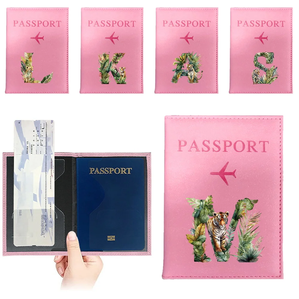 

Airplane Passport Cover Women Men Travel Pouch Case Leather Pink Cute Jungle Tiger Lettern Print Wallet Purse Passport Holder