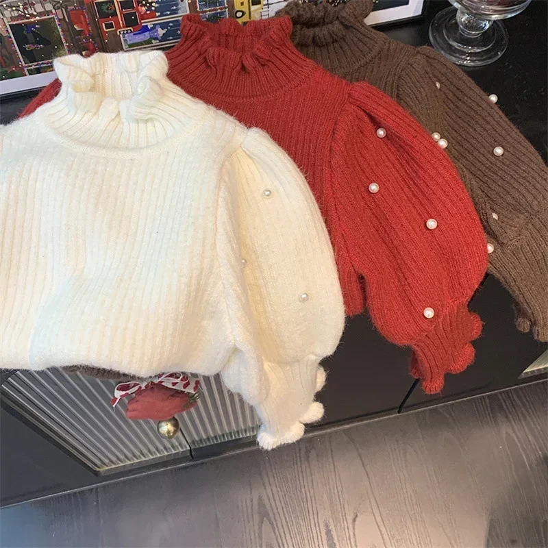 Autumn Winter Sweater 2024 Girls Versatile Childrens Treasure Solid Color Pearl Versatile Sweet Gentle Sweater Trend