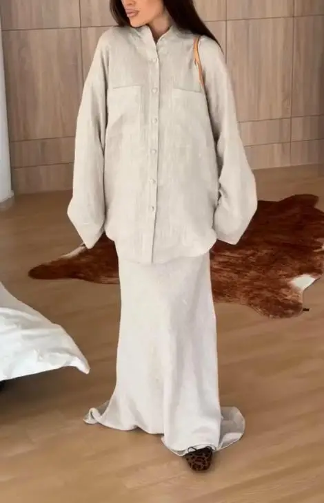 Women's 2025 Autumn/Winter New Solid Color Loose Long Sleeve Shirt High Waist Half Skirt Fashion Set Women's Clothing