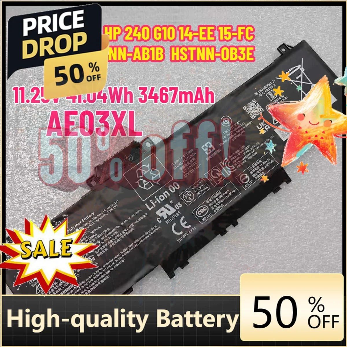 SWZY 11.25V 41.04Wh 3467mAh Laptop Battery AE03XL for HP 240 G10 14-EE 15-FC HSTNN-AB1B  HSTNN-OB3E