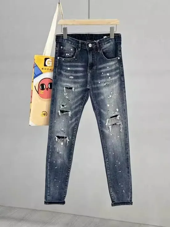 

Men's Summer Fashionable Distressed Denim Jeans Casual Loose Fit Elastic Ink Splashed Slimming Vintage American Style Long Pants