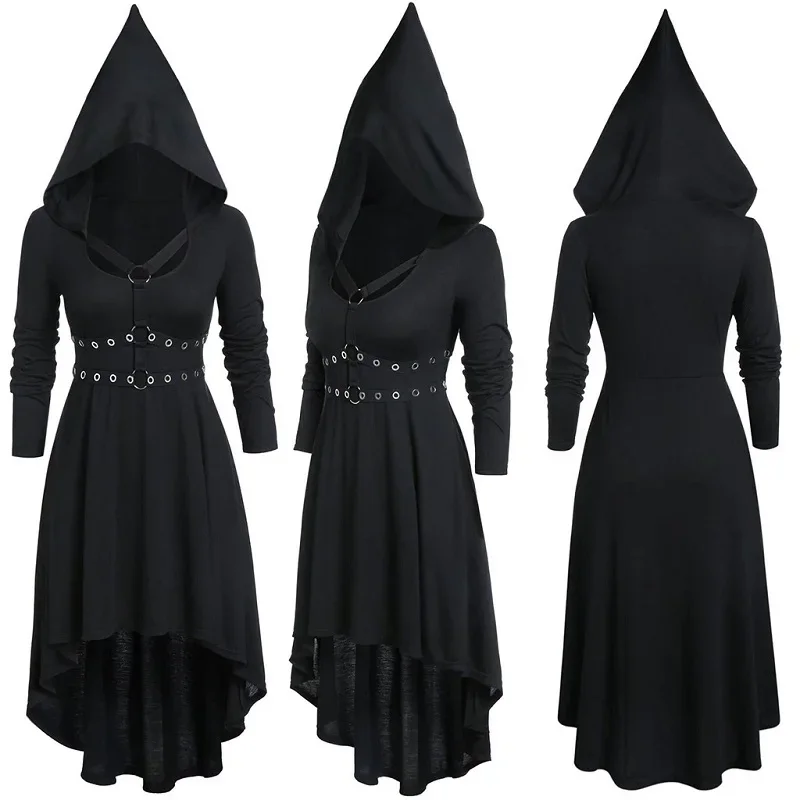 

Medieval Gothic Steampunk Dress Hooded Long-sleeved Robe Halloween Adult Women Cosplay Costume Vampire Wizard