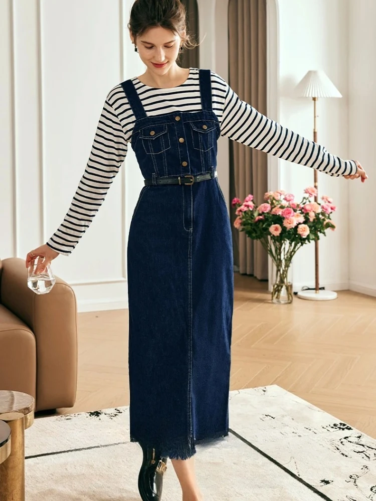 

OLrain Denim Blue Dresses For Woman Fashion Commute Sleeveless Square Collar Cotton Female Metal Button Long Dress O23QL80258