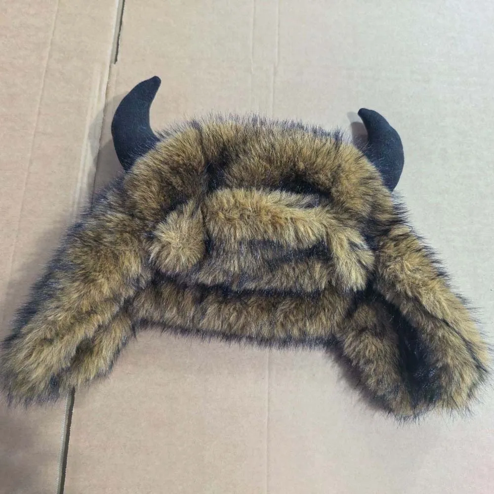Mink Texture Faux Fur Hat Windproof Fabric Thickened Lining Winter Trapper Caps Solid Pattern Soft Touch Bull Horns Bonnet
