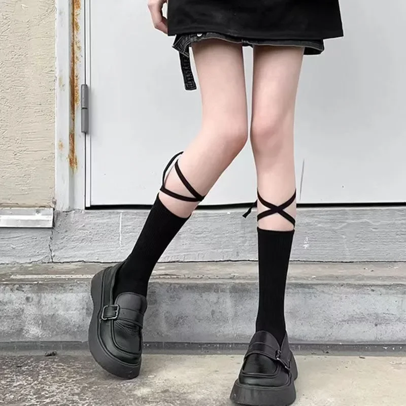 Estilo japonês mulheres lolita malha coxa meias altas harajuku gótico jk cos meninas bandagem trajes do estudante sobre o joelho meias