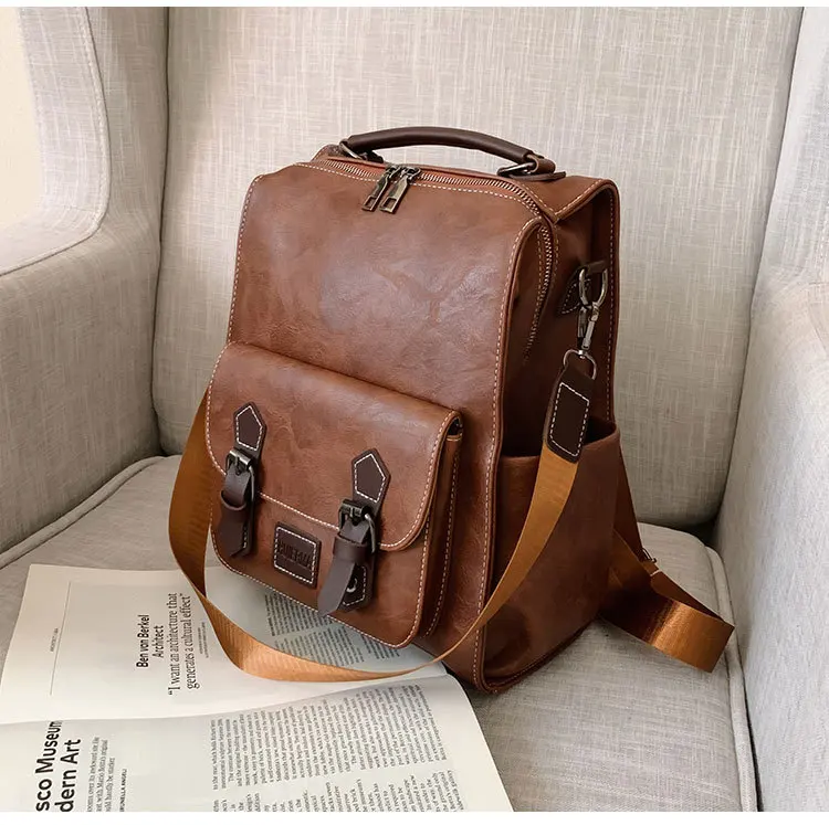Stylish Retro Pu Leather Pure Color Daypack with Large Capacity for Women Perfect for Daily Commute or Travel
