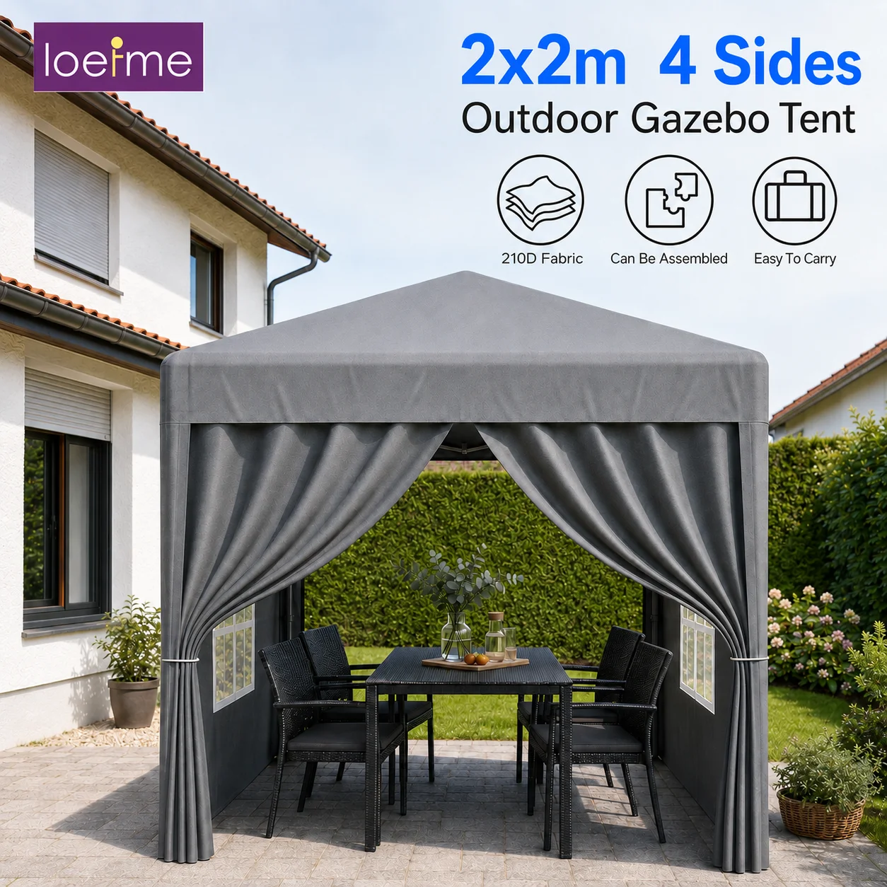 Tente de réception pop-up LOEFME 2x2M, imperméable UPF50+, abri extérieur avec 4 parois latérales amovibles, fenêtres et portes, structure en acier réglable, pliable et portable, pour fête, jardin,