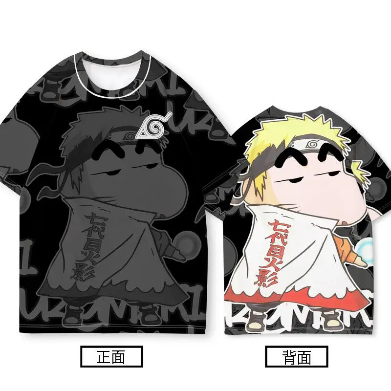 Naruto X Crayon Shin-chan No.1 Camiseta colaborativa de manga corta para hombre, fina, de verano, con cuello redondo, informal, con dibujos animados de Sasuke