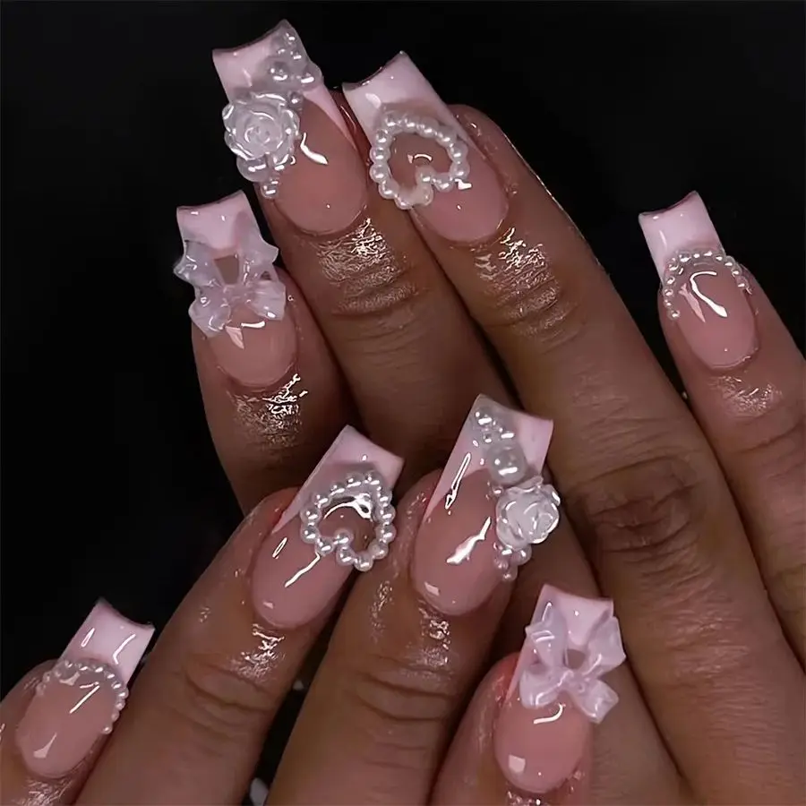

24Pcs Sweet Love Heart Pearl Design False Nails with Rose Bow Long Square Press on Nails Wearable French Ballet Fake Nail Tips