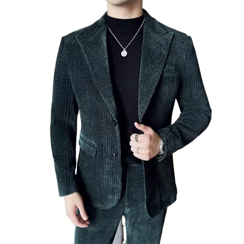 

2024 Autumn Winter Dark Green Chenille Slim Suits for Men Two-piece , Sunil Fashion Trend Coffee Casual Mens Blazer with Pants