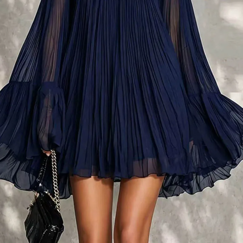 Vintage Solid Off Shoulder Mini Dress Pleated Sheer Flared Long Sleeve Ruffle Trim Loose Flowy Dress Summer Travel Party Dresses