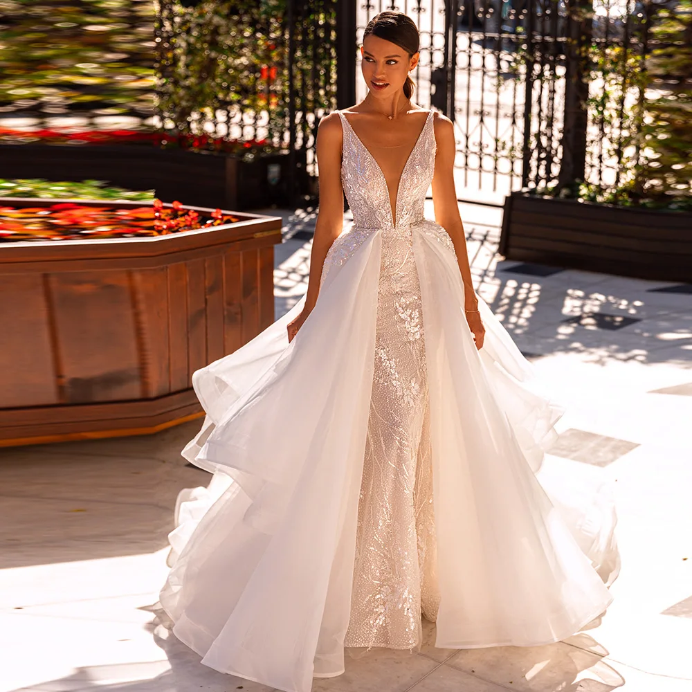 Customized Glitter Wedding Dress Detachable Train Luxury Shine Sequin Bridal Gown Floor-Length Elegant Long Robe De Mariage
