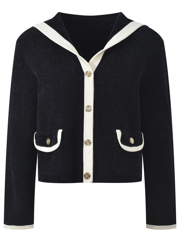 

High-End Version Faionable Bla White Color Blo Long Sve Knitted Cardigan Navy Collar Women's Premium Quali Top