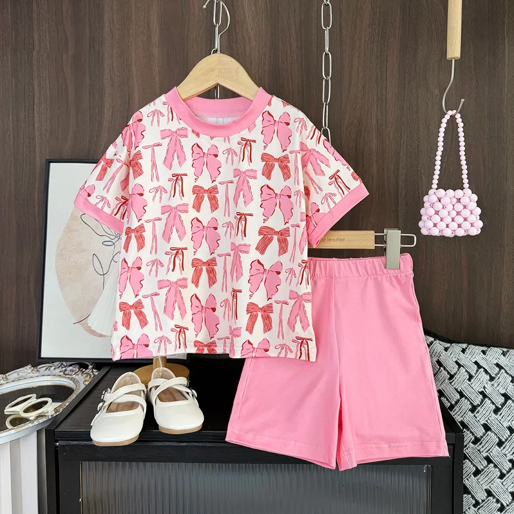 Summer New Girls Sweet Casual Clothes Bow Print Short Sleeve O-Neck T-shirt + Shorts 2 Pcs Set 3-7 Years Kids Fashion Wear