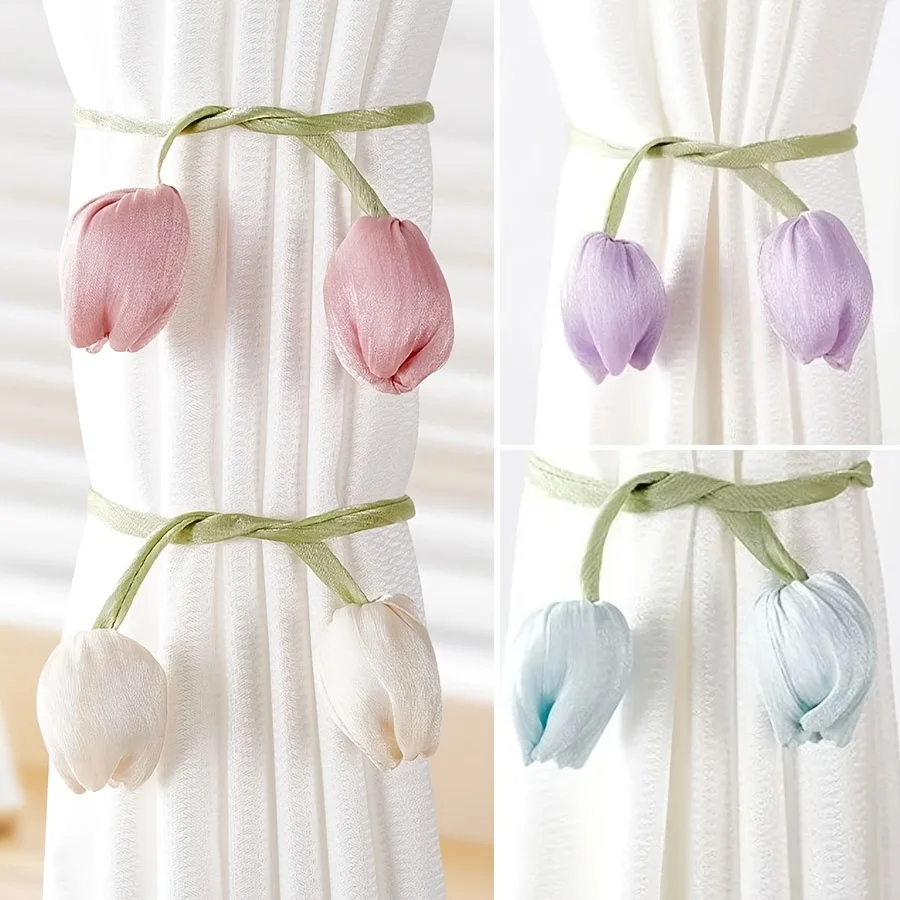 6pcs classic and elegant tulip flower curtain straps, suitable for bedroom installation without tools, perfect for curtain owners and interior designers to enhance room style with floral decoration