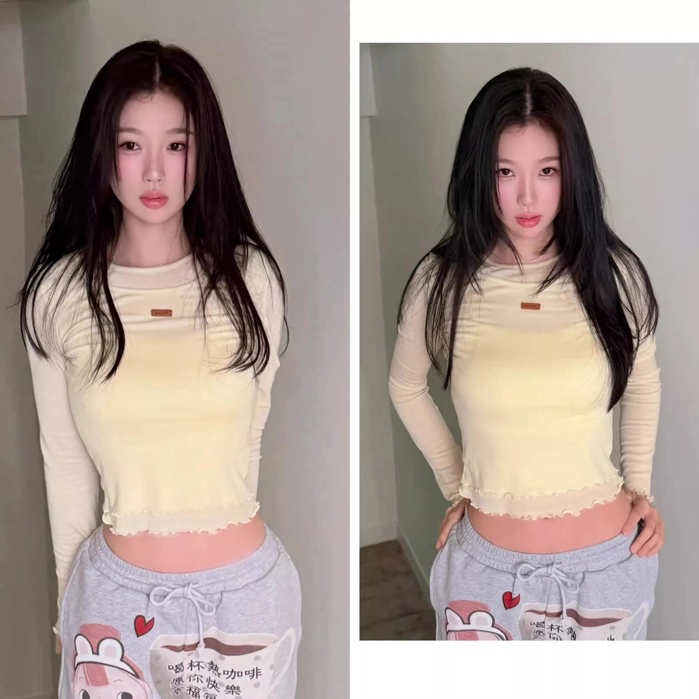 Yellow Long Sleeve T-Shirt Women's Inner Wear Wood Grain Ruffle  Fake Two-Piece Casual Style UV Protection Short Length