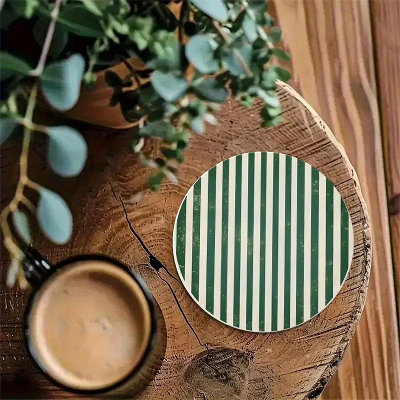 White Green Striped Round 2D Wooden Coasters Heat Resistant Drink Mats Coffee Table Protector Kitchen Decor Practical Gifts