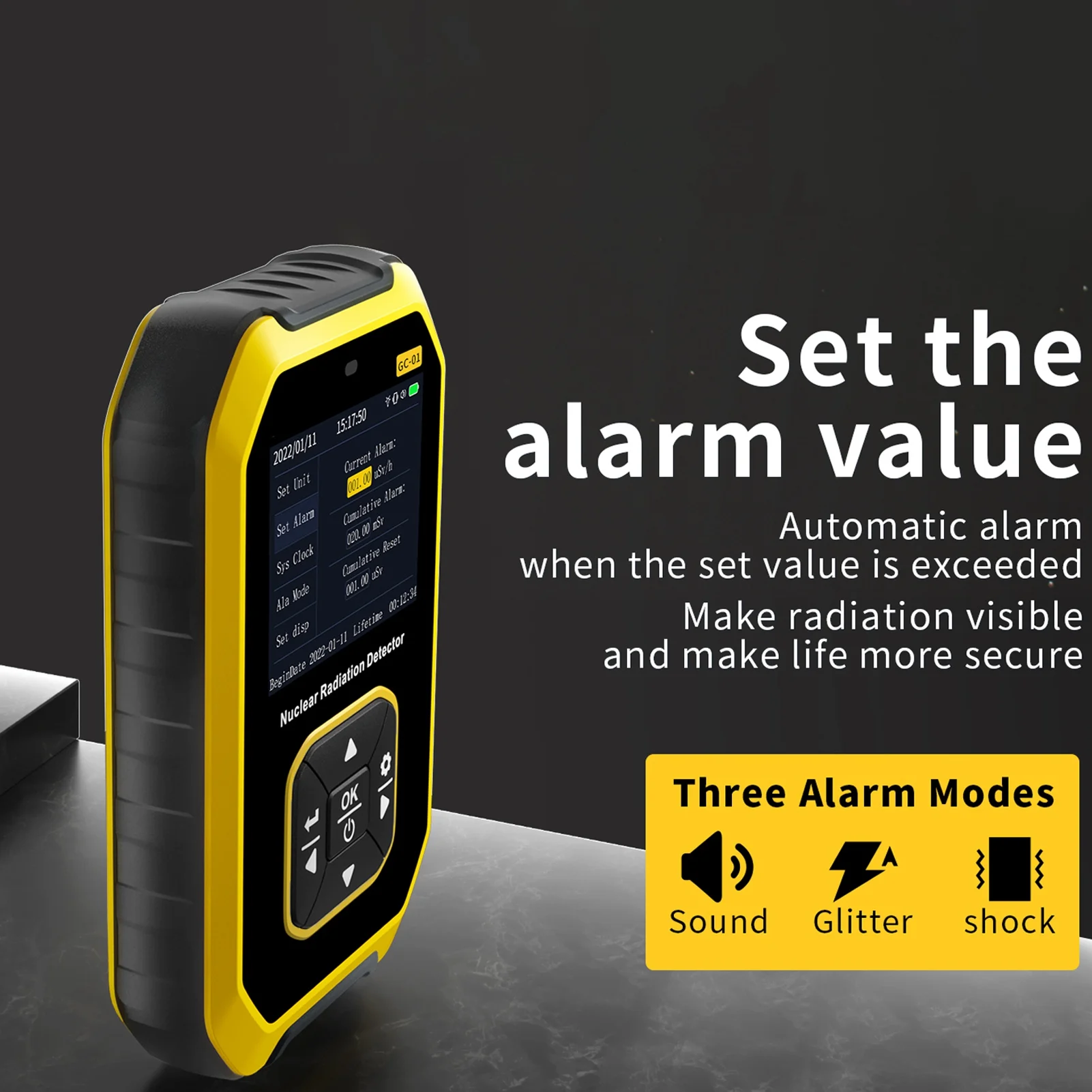 Dosímetro Ativo Compacto Detector de Radiação Nuclear Sensível a Raios β, γ e X com 3 Modos de Alarme e Cabo USB para Metal e Tomografia Computadorizada