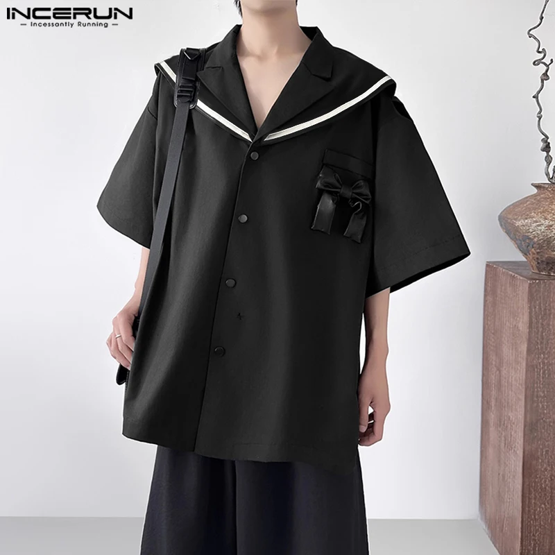 INCERUN Männer Hemd Patchwork Navy Kragen Halbe Hülse Lose Männer Kleidung Streetwear Lose Sommer Koreanischen Stil Bowknot Casual Tops