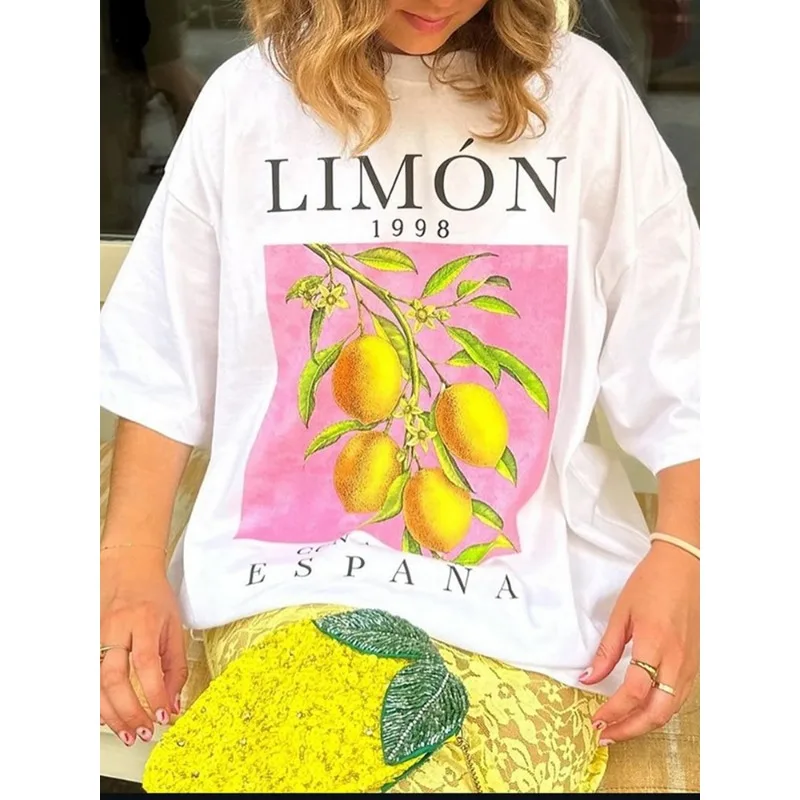 

Vintage Cute Lemon Fruit Print T-Shirts Aesthetic Botanical T Shirt Oversized Streetwear Tops Cotton Women Cottagecore Clothes