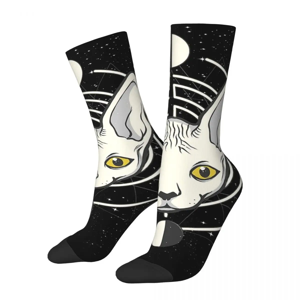 Funny Happy Men's Socks Sphinx Moon Cat Vintage Harajuku Sphynx Hairless Cat Hip Hop Novelty Pattern Crew Sock Gift Printed