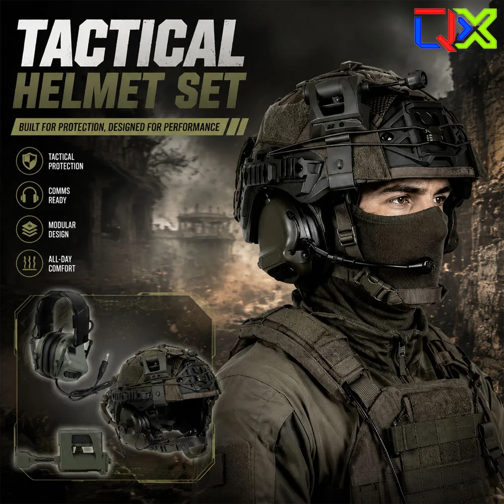 QX 5-in-1 Tactical Bump Helmet Set with Communication Headset LED Headlamp for Airsoft Paintball Training Cosplay Gear