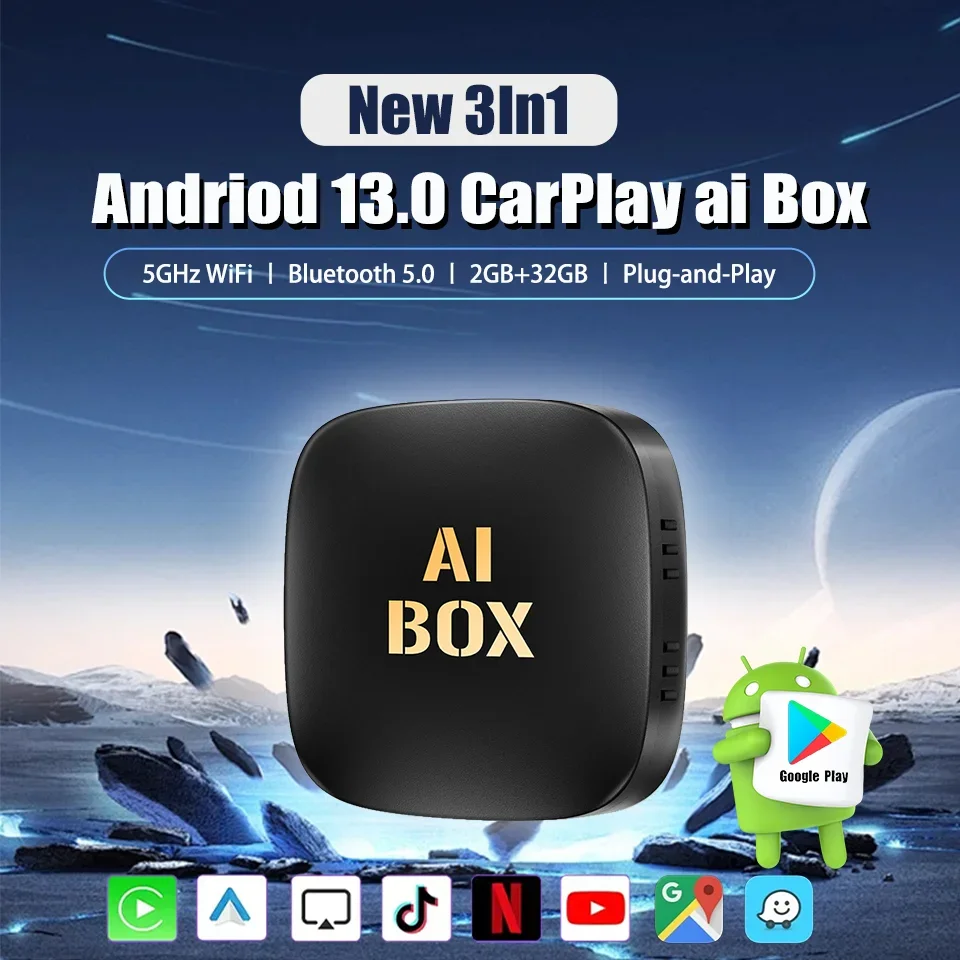 

Android13 Ai Box Android Auto & Carply 3in1 Smart Multimedia Box Wired to Wireless Adapter Built-in Netflix YouTube Google Play