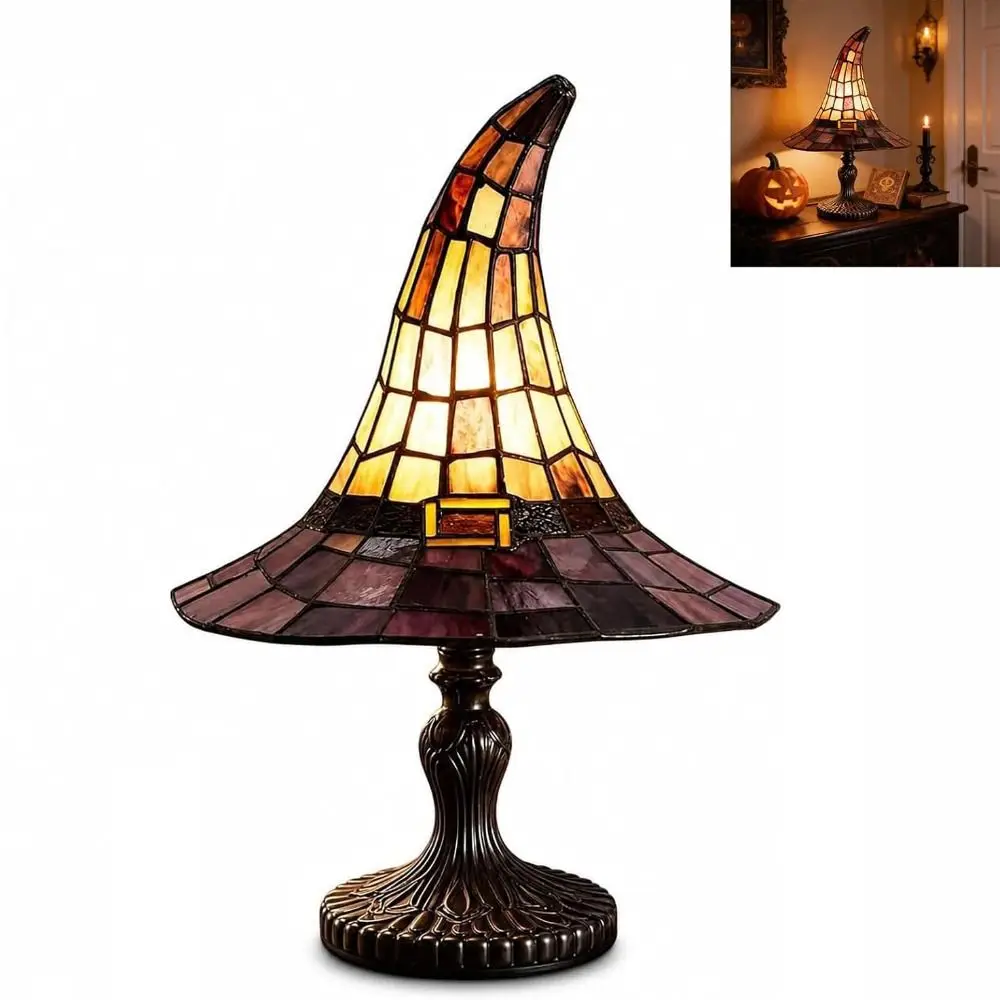 Handcrafted Resin Witch Hat Lamp Stained Glass Style Purple Color Gothic Night Light Tabletop Design USB Powered