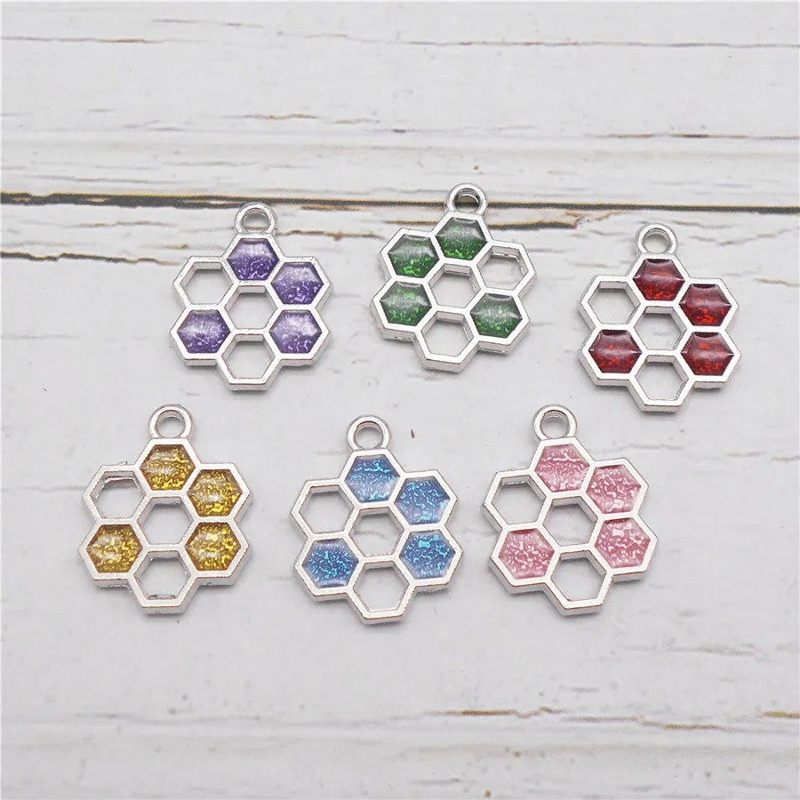 Julie Wang 12PCS Enamel Hive Charms Alloy Hollow Honeycomb Pendant Necklace Bracelet Jewelry Making Accessory