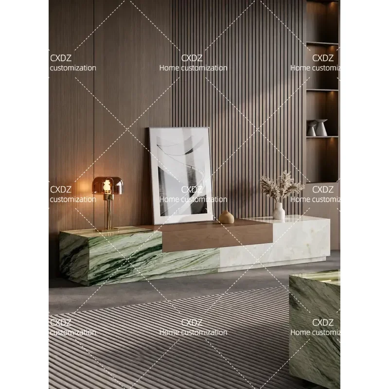 2026 New Luxury Stone TV Cabinet Wood Grain Color Matching Living Room Home Furniture High End Modern Design