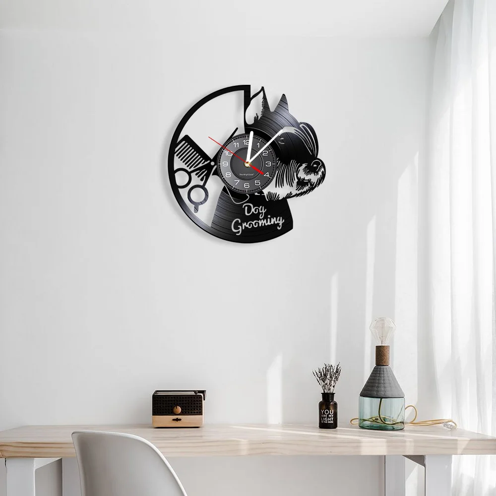 Dog Grooming Salon Vinyl Record Wall Clock Home Art Decor Scottish Terrier Puppy Dog Craft Wall Watch For Pet Shop Groomer Gift