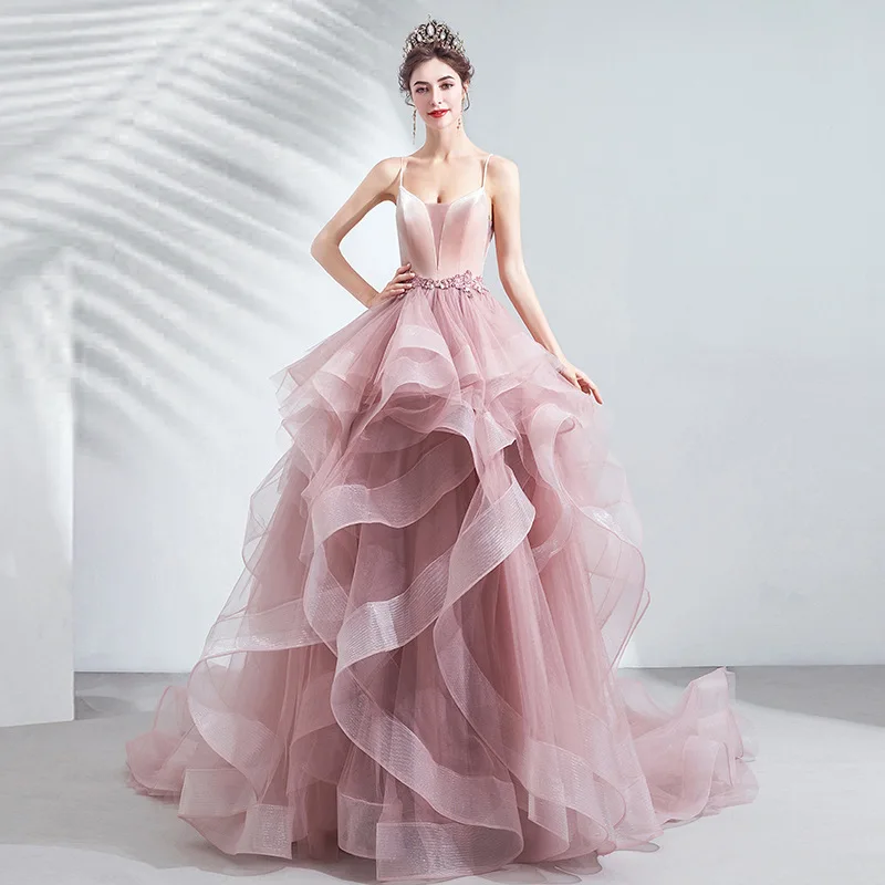 LZPOVE Pink Prom Dresses Luxury Ball Gown Tulle Puffy Layered Ruffles Graduation Gowns Spaghetti Strap Beads Evening Party