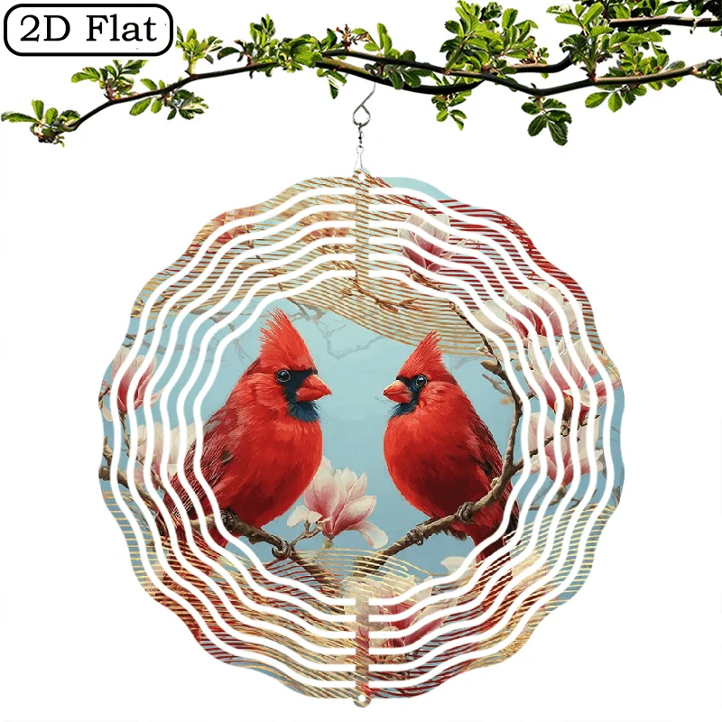 Mandala Pattern Cardinal Bird Bell Branch  Metal Wind-Powered Outdoor/Indoor Decoration, Vibrant Red Cardinal Bird Floral Design