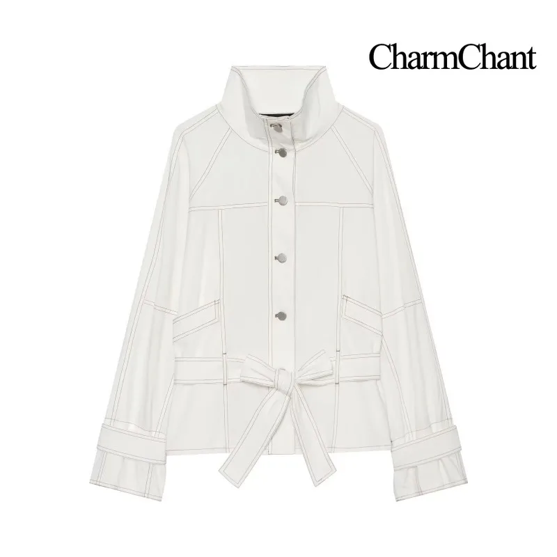 CHARMCHANT Women's White Contrast Stitch Stand Collar Cargo Jacket Short Coat Metal Button Pocket Casual Outerwear Spring 2026