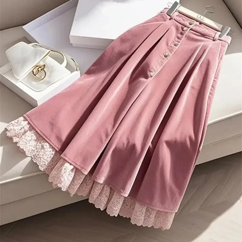 New Sweet Pink Corduroy Skirt Women Fashion Lace Patchwork High Waist Single Breasted A-line Casual Midi Skirts Y2k Clothing