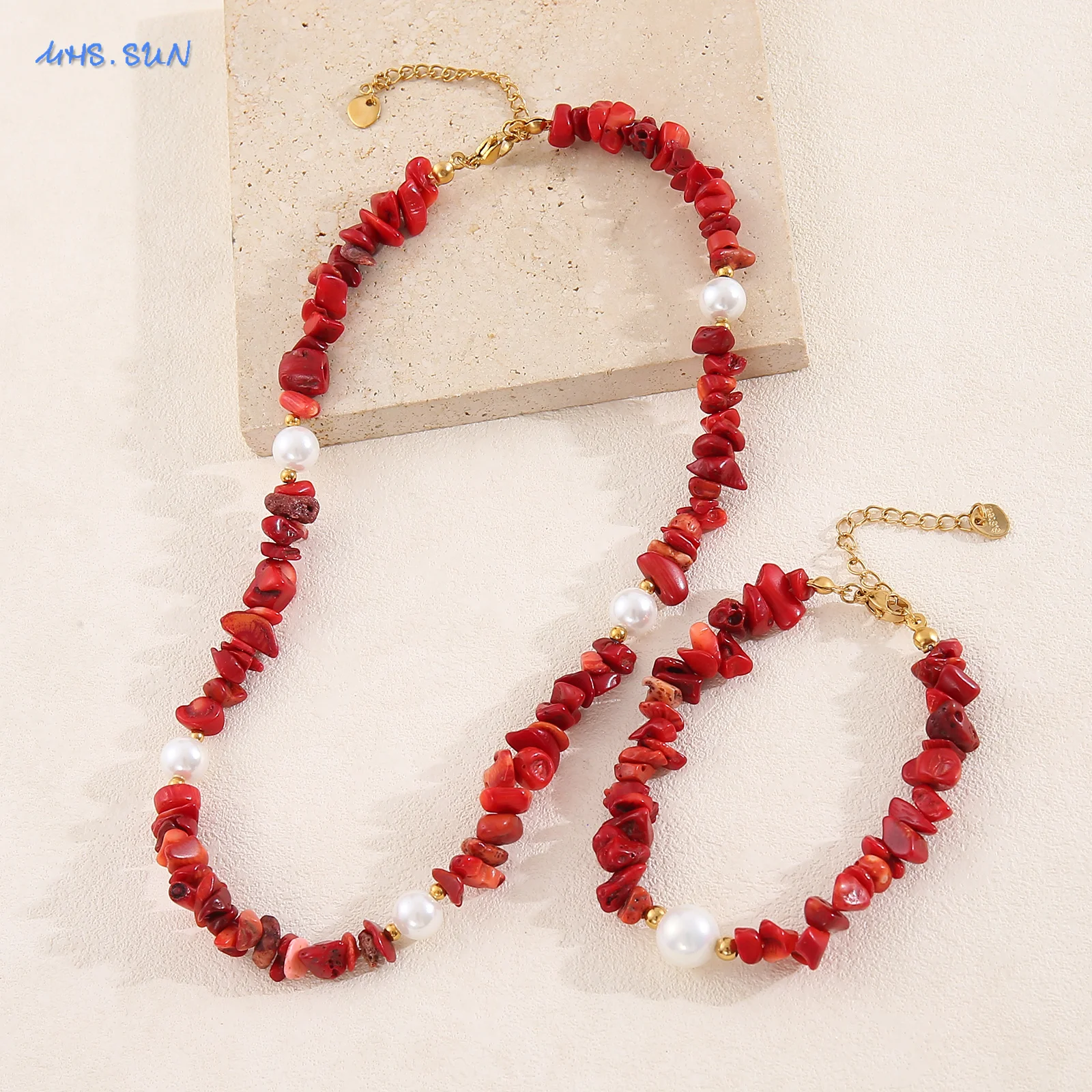 MHS.SUN Fashion Boho Red Gravel Jewelry Set Irregular Coral White Pearl Beaded Necklace Bracelet Women Waterproof Choker Bangle