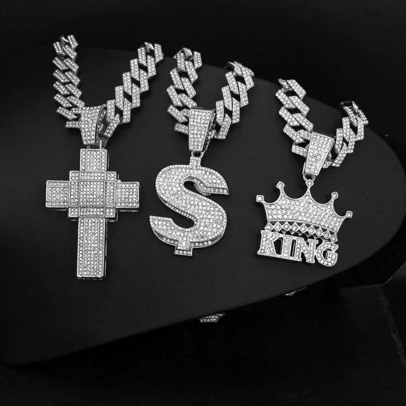 Men Women Hip Hop Big Dollar Sign Cross Pendant With 15mm Rhombus Cuban Chain Iced Out Bling Necklaces Fashion Charm Jewelry