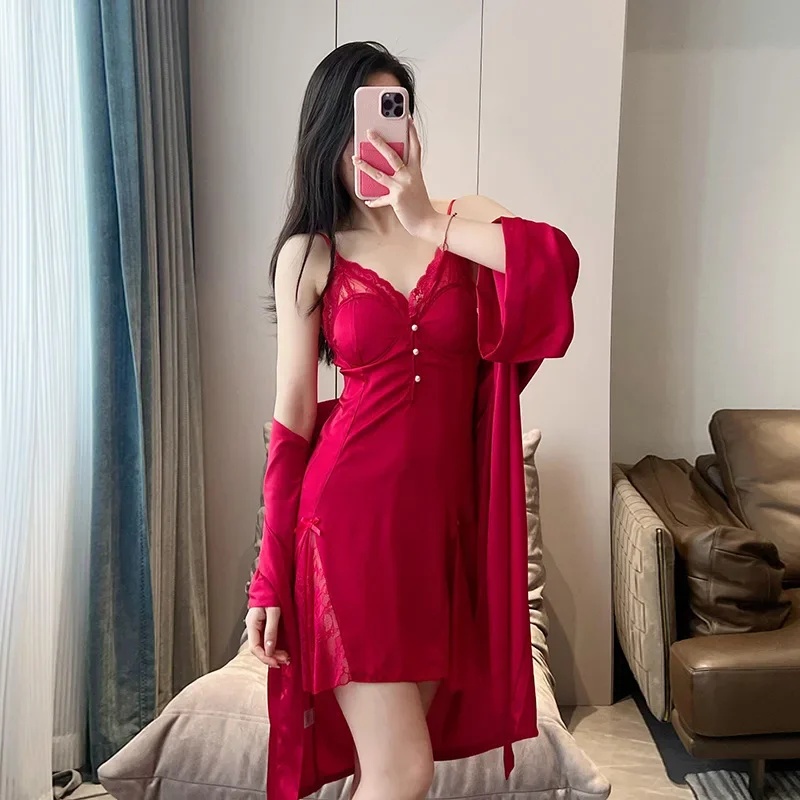 

Bride 2PCS Robe Set Lace Nightgown Sleepwear Women Summer Mesh Hollow Out Nightdress Kimono Rayon Satin Bathrobe Gown Loungewear