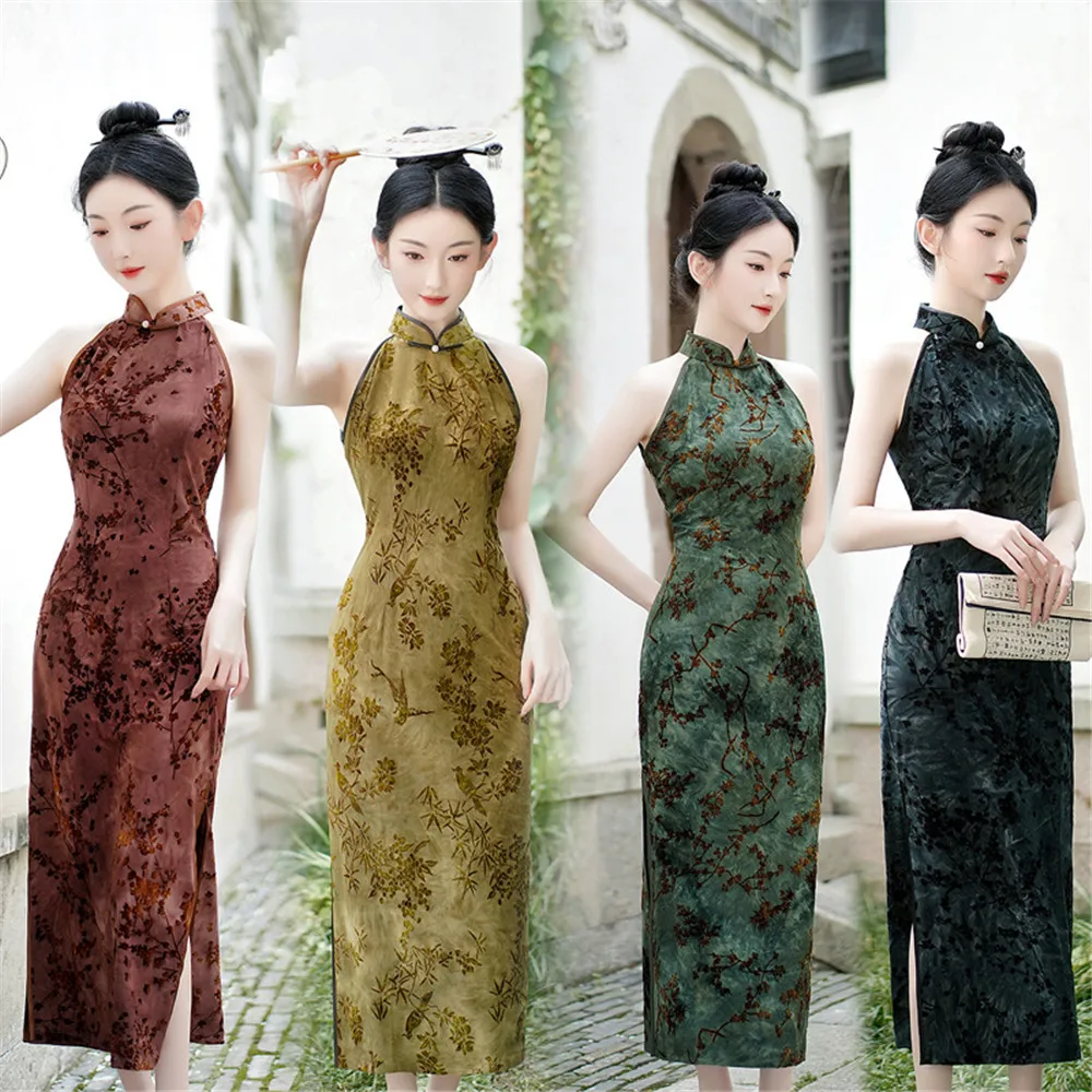 

Vintage Halter Sleeveless Long Qipao Dresses Woman Clothes Vestidos Ethnic Style Party Chinese Cheongsam Women Clothing