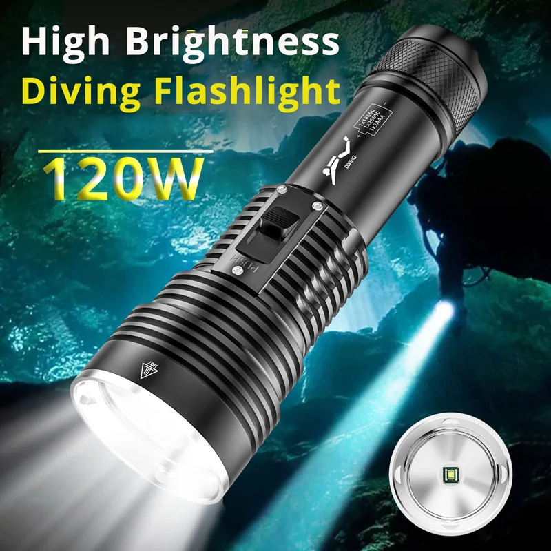 

120W Professional Diving Light Submarine Lighting High Brightness Underwater Divi For Flashlight 18650 26650 Torch Waterproof