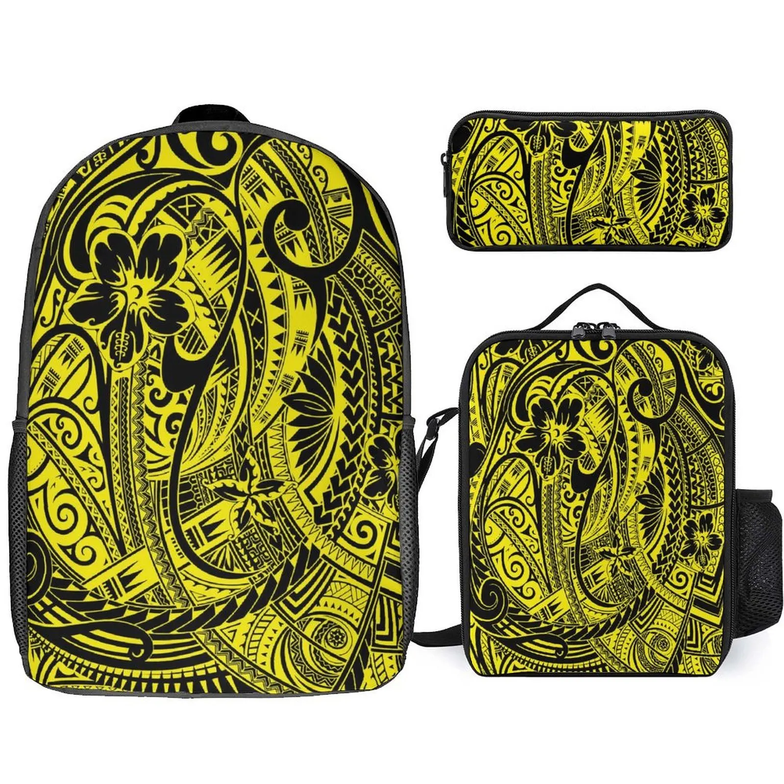 

Polynesian Schoolbag Portable Pen Case Set Flower Patterned Backpack Lunch Strap Customizable Patterns