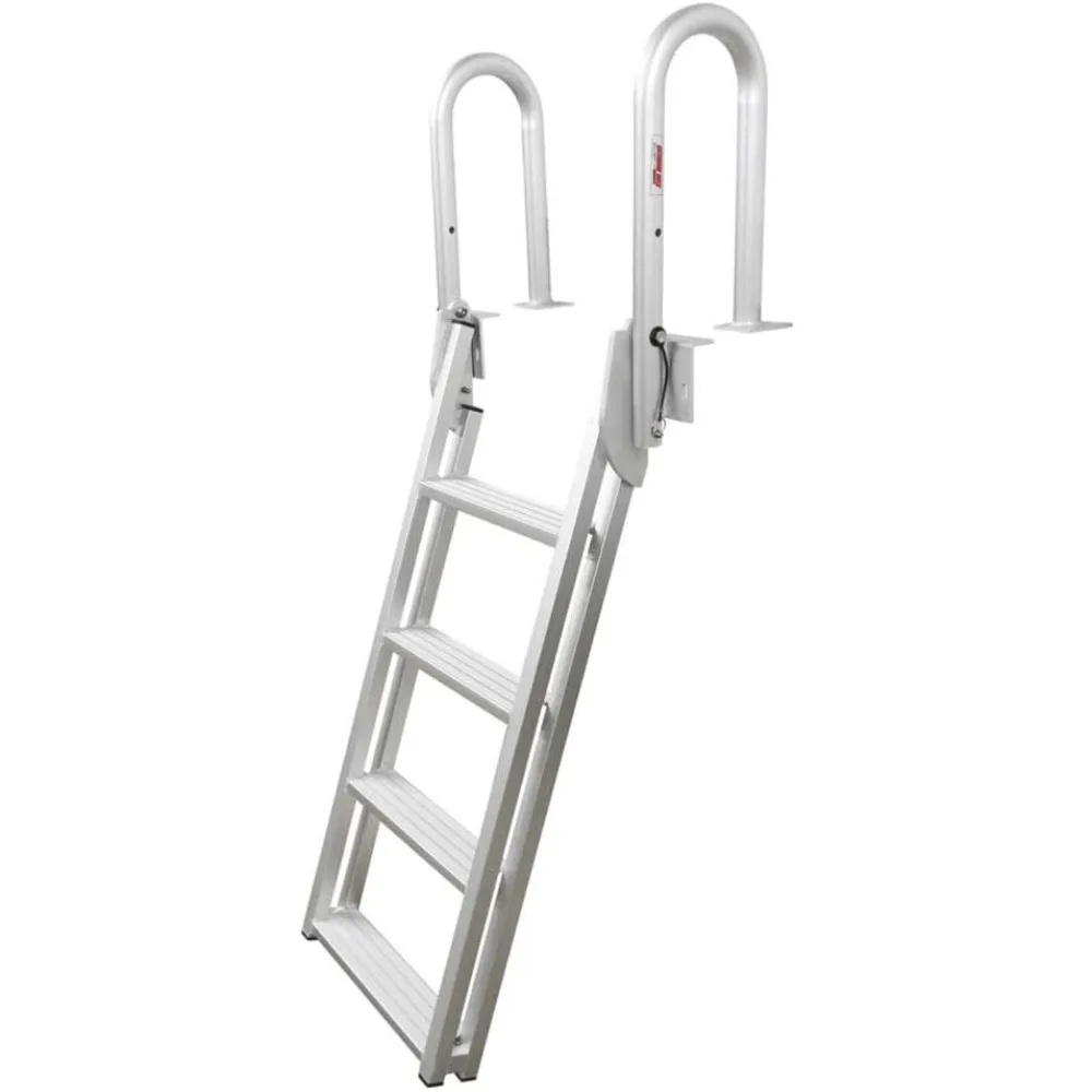 3005.4227 Heavy-Duty Aluminum Slanted Flip-Up Dock Ladder with Comfort Use Round Tube Frame - 4-Step, 300 lbs. Weight Capacity