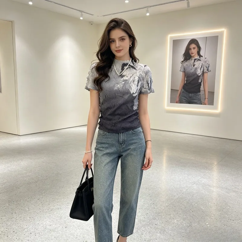 Miyake Pleated Short Sleeve Top for Women Summer 2026 New Fashion Printed Stretch Pullover T-Shirt with A High-End Feel Pleat