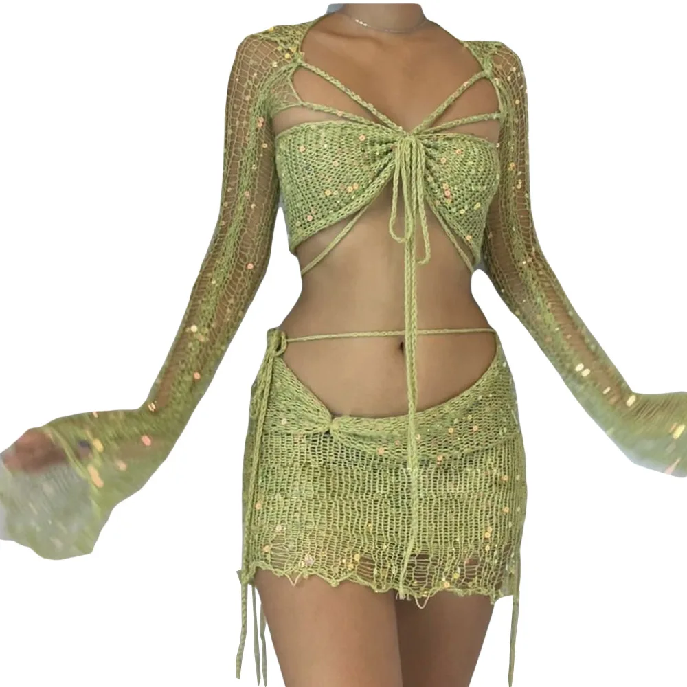 Damski dzianinowy sweter z koralikami trzyczęściowy zestaw z długim rękawem krótki Top i Midi obcisła spódnica 2023 lato nowy