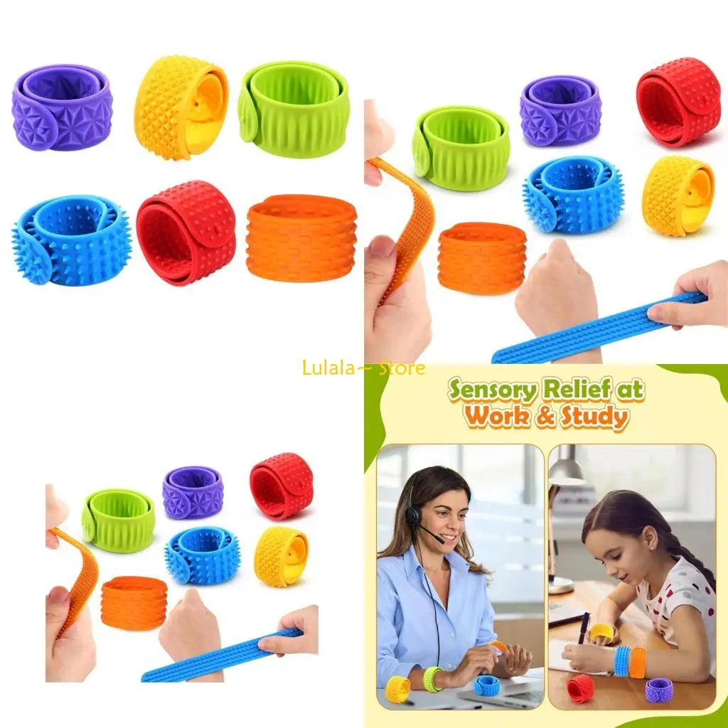 Y4QA 6PCS Colorful Texture Slap Bracelet Sensory Stone Silicone Wristband For Calming
