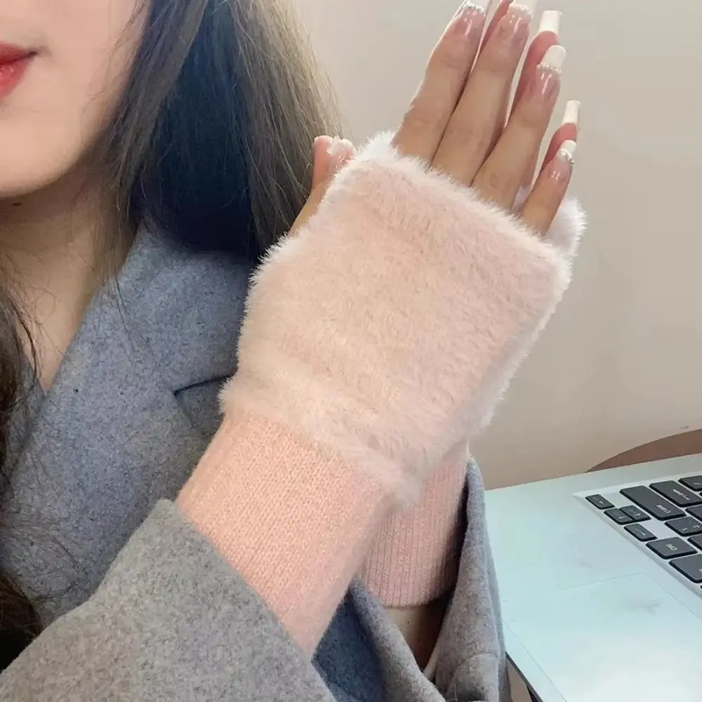 Luxury Soft Half Finger Gloves Solid Colors Fleece Knitted Gloves Fingerless Gloves Autumn Winter