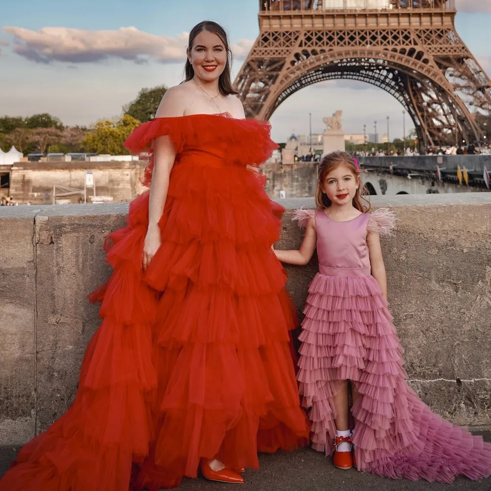 

Mother And Daughter Dresses Woman Birthday Photography Shoot Tiered Tulle Dress Mother & Kids Formal Evening Gowns For Party