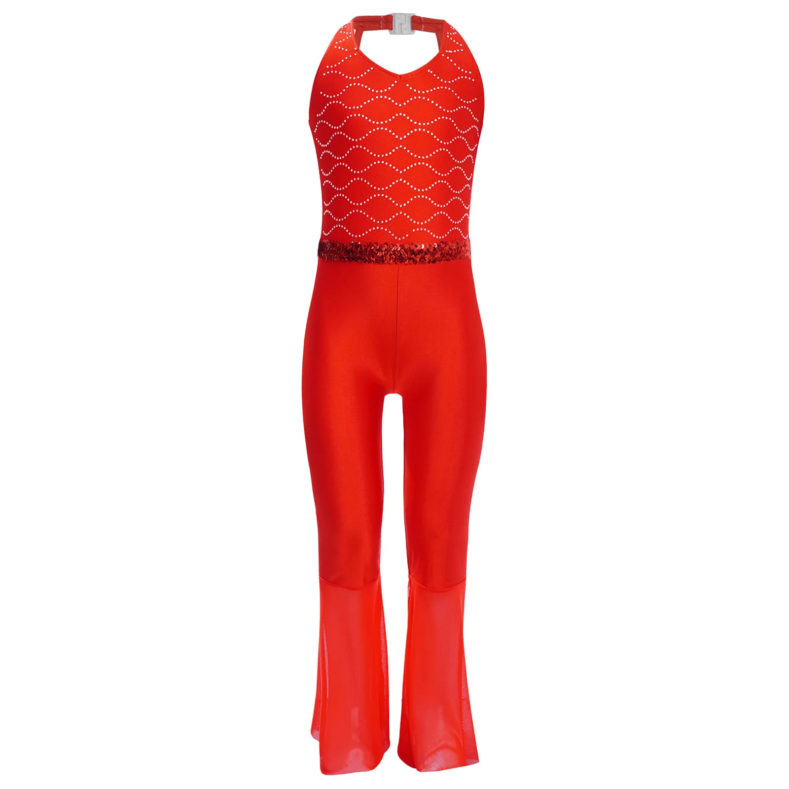 

Kids Girls 70s Disco Jazz Dance Jumpsuit Sheer Mesh Bell-Bottom Halter Full Body Leotard Bodysuit Latin Modern Dancing Clothes