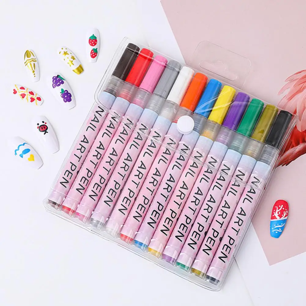 12Pcs Nail Art Pens Quick Dry Vibrant Color Saturation No Odor  DIY Nail Art Drawing Painting Pen Liners Beauty Tool